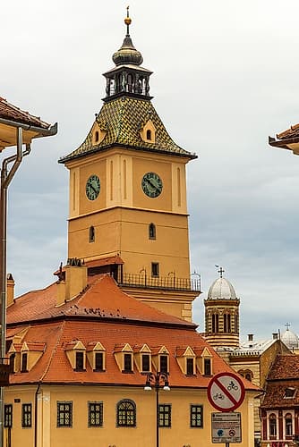 Romania, Brasov. Steepled buildings, 16th-17th century architecture. Art Print